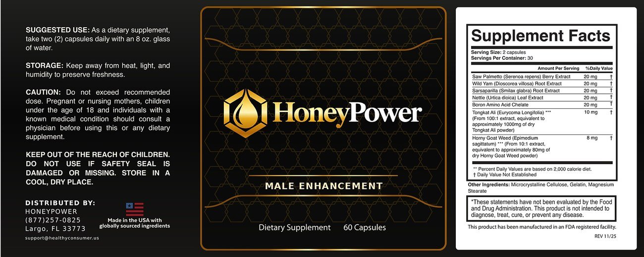HoneyPower Supplement Facts label and directions